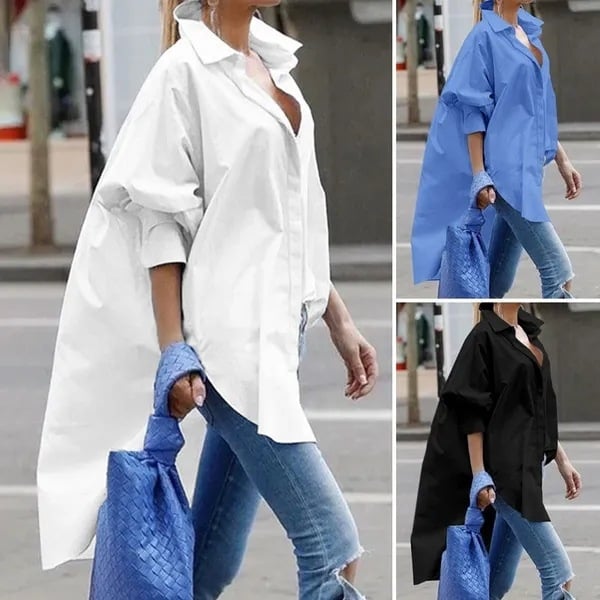 Полиестерова риза с еластан, ръкав фенер, лафелна яка, дълга кройка 80–100 см, текстура на намачкване