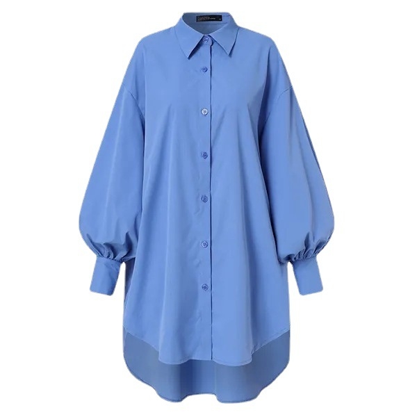 Полиестерова риза с еластан, ръкав фенер, лафелна яка, дълга кройка 80–100 см, текстура на намачкване