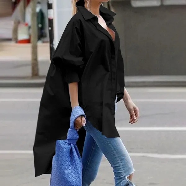 Полиестерова риза с еластан, ръкав фенер, лафелна яка, дълга кройка 80–100 см, текстура на намачкване