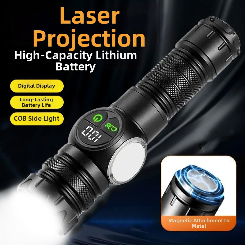 Mágneses zseblámpa lézerfénnyel, hatótáv >500 m, fényerő >350 lm, újratölthető 1200 mAh akkumulátor