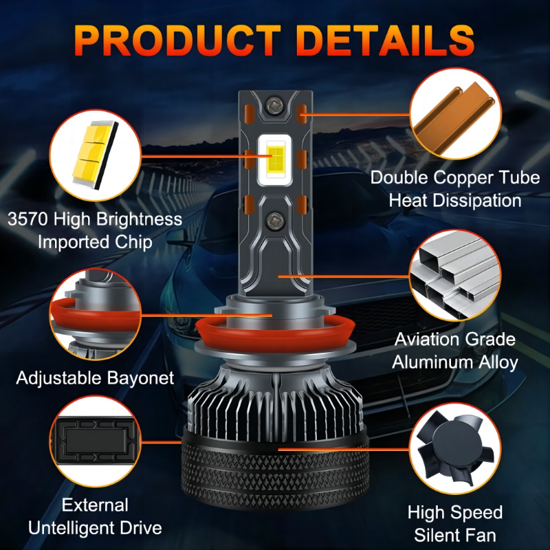 Automobilska LED žarulja za prednje svjetlo, 65W po žarulji, 12V, CSP 3570 55mil LED čipovi, IP68 vodootporan, vijek trajanja 50 000 h