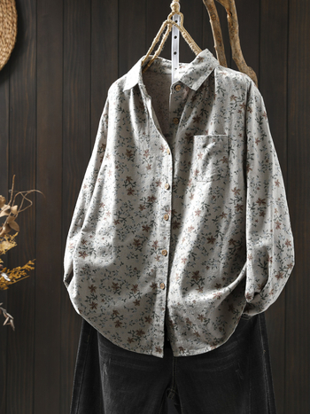 Női kefés pamut blúz virágmintával, hosszú ujjú, laza szabású, gallér rever, hossz 50–65 cm