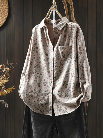 Női kefés pamut blúz virágmintával, hosszú ujjú, laza szabású, gallér rever, hossz 50–65 cm