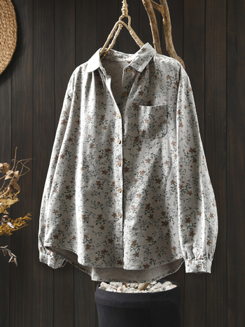 Női kefés pamut blúz virágmintával, hosszú ujjú, laza szabású, gallér rever, hossz 50–65 cm