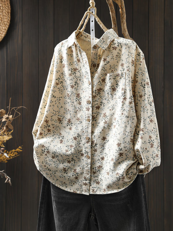 Női kefés pamut blúz virágmintával, hosszú ujjú, laza szabású, gallér rever, hossz 50–65 cm