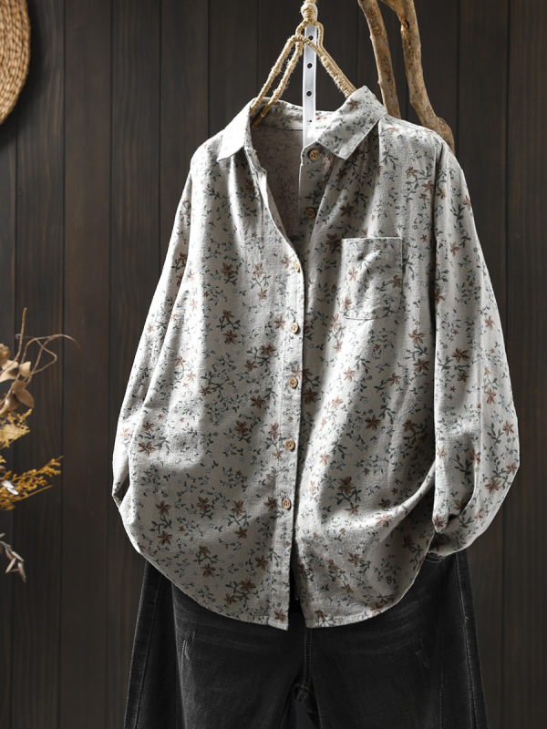 Női kefés pamut blúz virágmintával, hosszú ujjú, laza szabású, gallér rever, hossz 50–65 cm