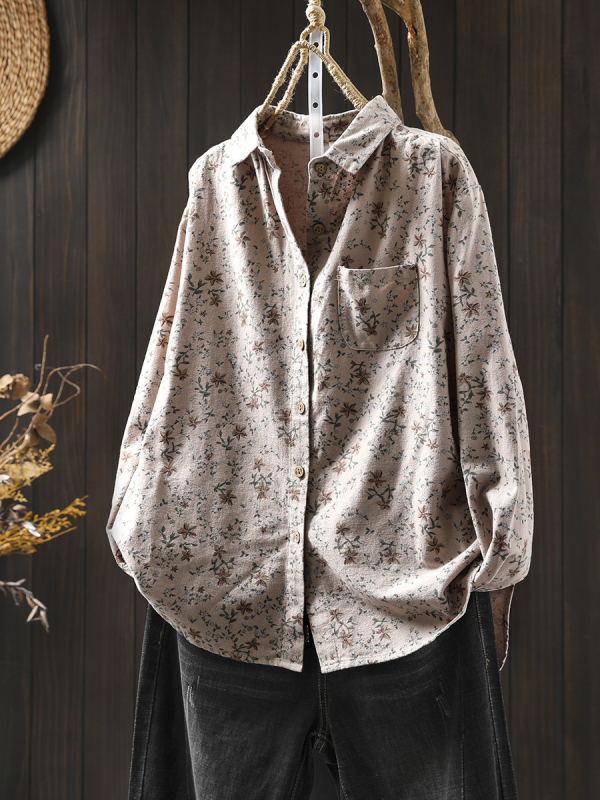Női kefés pamut blúz virágmintával, hosszú ujjú, laza szabású, gallér rever, hossz 50–65 cm