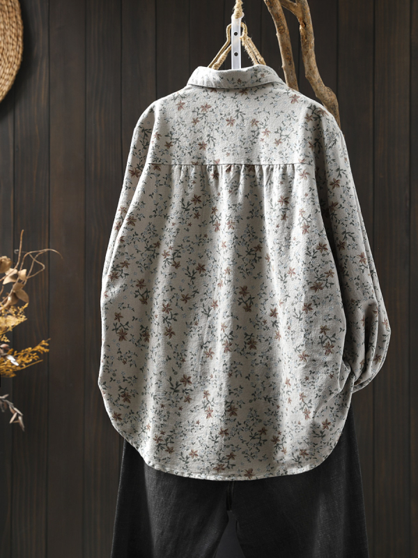 Női kefés pamut blúz virágmintával, hosszú ujjú, laza szabású, gallér rever, hossz 50–65 cm