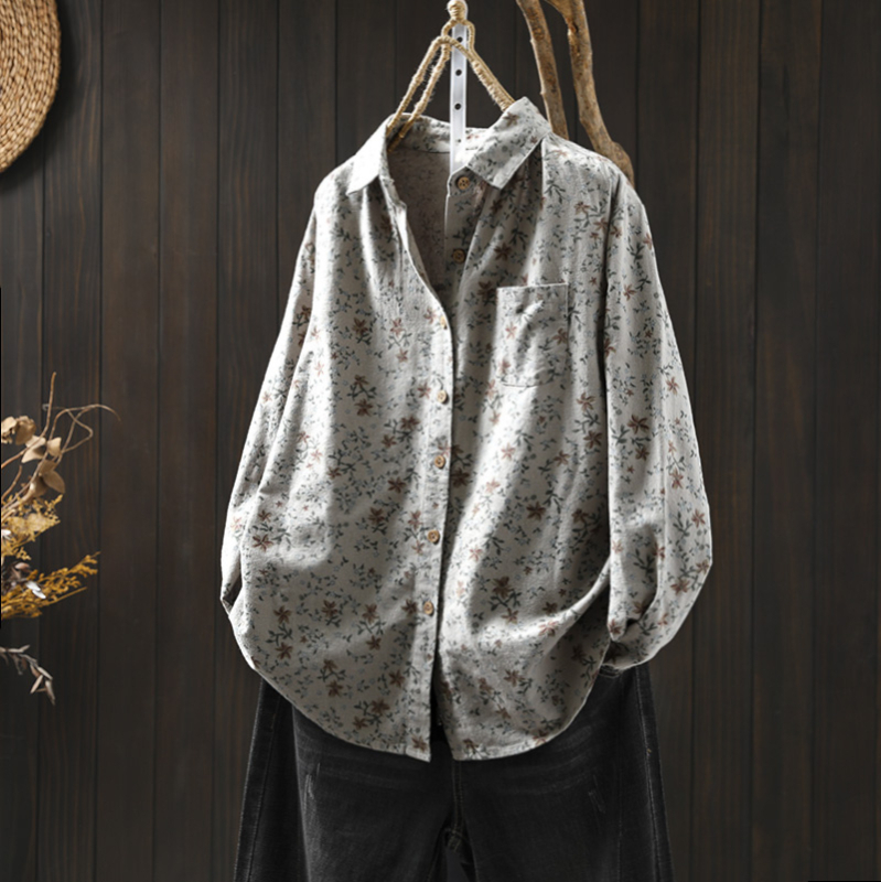 Női kefés pamut blúz virágmintával, hosszú ujjú, laza szabású, gallér rever, hossz 50–65 cm