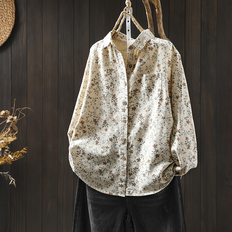 Női kefés pamut blúz virágmintával, hosszú ujjú, laza szabású, gallér rever, hossz 50–65 cm