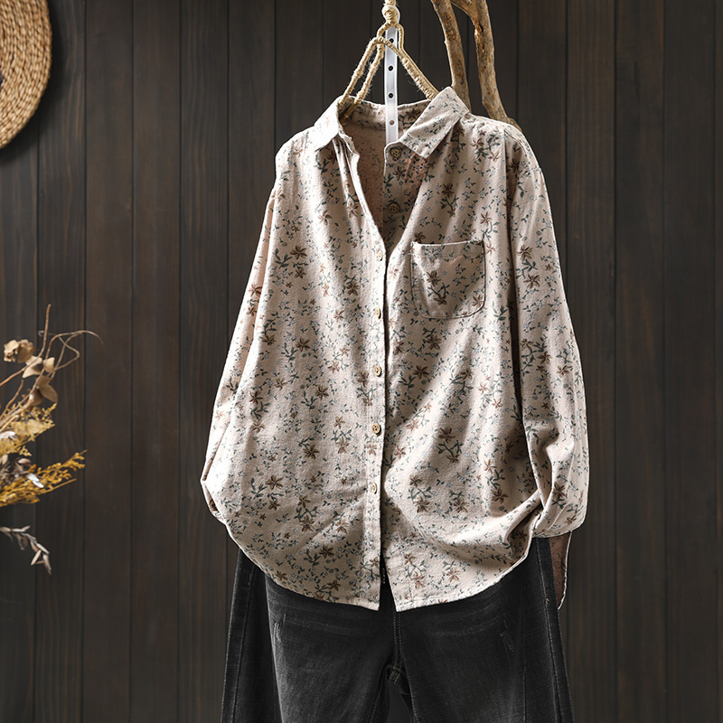 Női kefés pamut blúz virágmintával, hosszú ujjú, laza szabású, gallér rever, hossz 50–65 cm