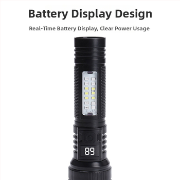 Ručna LED svjetiljka visoke snage s digitalnim prikazom i teleskopskim zumom (maksimalni svjetlosni tok 500 lm; kut snopa 15–120°; IP44; ugrađena baterija 1200 mAh; vrijeme punjenja 3–6 h)