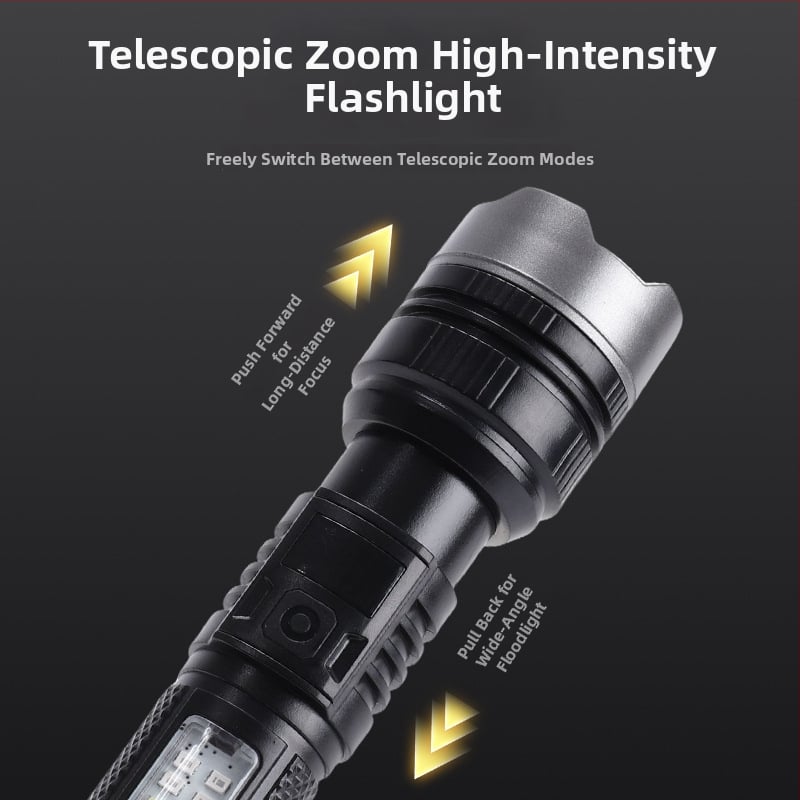 Ručna LED svjetiljka visoke snage s digitalnim prikazom i teleskopskim zumom (maksimalni svjetlosni tok 500 lm; kut snopa 15–120°; IP44; ugrađena baterija 1200 mAh; vrijeme punjenja 3–6 h)