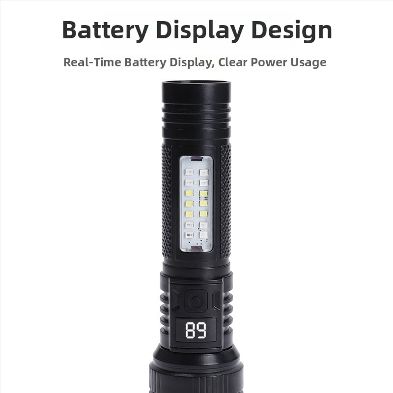 Ručna LED svjetiljka visoke snage s digitalnim prikazom i teleskopskim zumom (maksimalni svjetlosni tok 500 lm; kut snopa 15–120°; IP44; ugrađena baterija 1200 mAh; vrijeme punjenja 3–6 h)