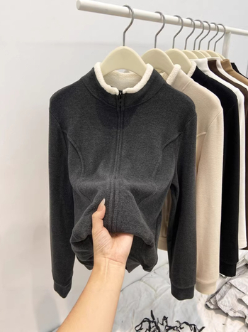 Majica s dugim rukavima od shearling vune, patchwork, stojeći ovratnik, casual stil, viskoza 90–95%, Slim fit
