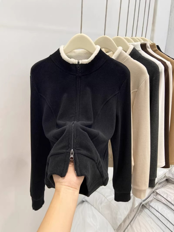 Majica s dugim rukavima od shearling vune, patchwork, stojeći ovratnik, casual stil, viskoza 90–95%, Slim fit