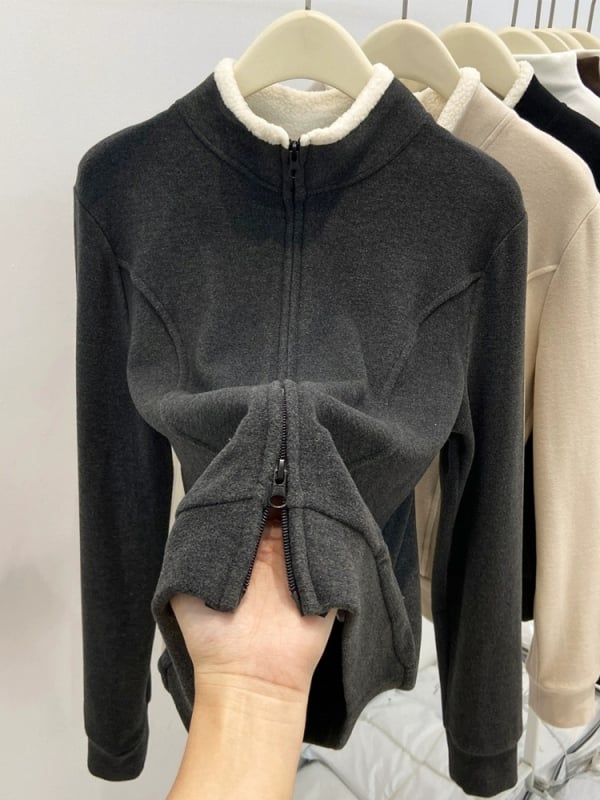 Majica s dugim rukavima od shearling vune, patchwork, stojeći ovratnik, casual stil, viskoza 90–95%, Slim fit