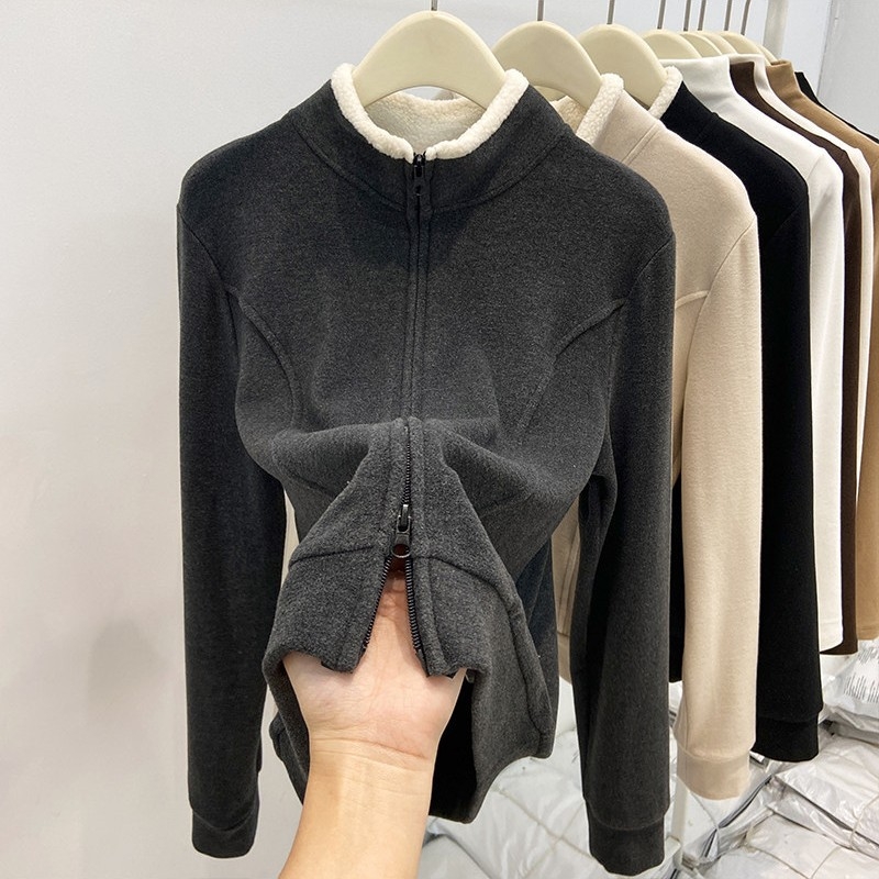 Majica s dugim rukavima od shearling vune, patchwork, stojeći ovratnik, casual stil, viskoza 90–95%, Slim fit