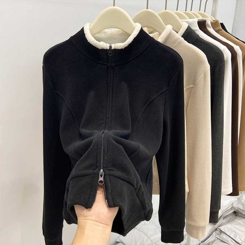 Majica s dugim rukavima od shearling vune, patchwork, stojeći ovratnik, casual stil, viskoza 90–95%, Slim fit