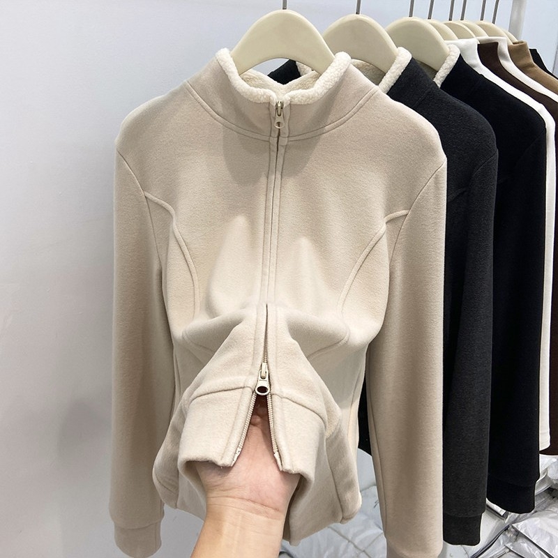 Majica s dugim rukavima od shearling vune, patchwork, stojeći ovratnik, casual stil, viskoza 90–95%, Slim fit