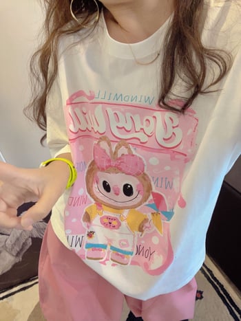 Pamut póló, anime karikatúra nyomott mintával, kerek nyakú, rövid ujjú, közepes hosszúságú