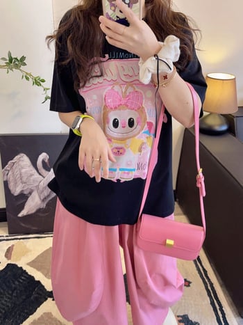 Pamut póló, anime karikatúra nyomott mintával, kerek nyakú, rövid ujjú, közepes hosszúságú