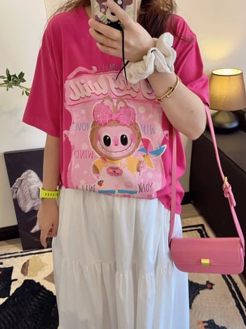 Pamut póló, anime karikatúra nyomott mintával, kerek nyakú, rövid ujjú, közepes hosszúságú