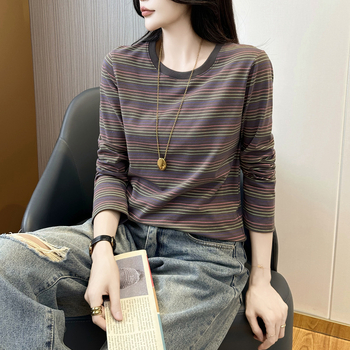 Ριγέ μπλούζα από βαμβάκι-ελαστάν, πλεκτό ύφασμα, με στρογγυλή λαιμόκοψη, μακριά μανίκια, χαλαρή γραμμή, κανονικό μήκος