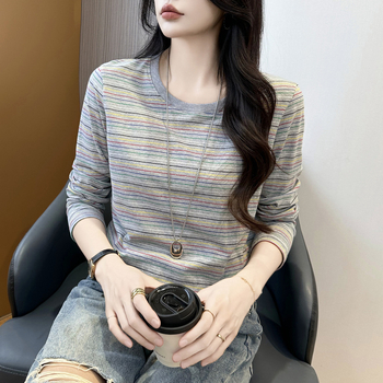 Ριγέ μπλούζα από βαμβάκι-ελαστάν, πλεκτό ύφασμα, με στρογγυλή λαιμόκοψη, μακριά μανίκια, χαλαρή γραμμή, κανονικό μήκος