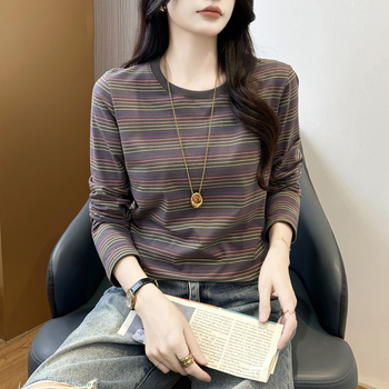 Ριγέ μπλούζα από βαμβάκι-ελαστάν, πλεκτό ύφασμα, με στρογγυλή λαιμόκοψη, μακριά μανίκια, χαλαρή γραμμή, κανονικό μήκος