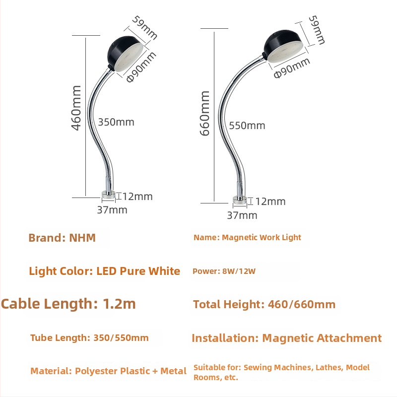 LED pracovné svetlo na stroje so silnou magnetickou základňou pre šijacie stroje – priemyselné univerzálne stolové svetlo na stroje, 220V/24V (Brand: Nine; LED; Magnetická základňa; Napätie: 220V/24V; Pre šijacie stroje)