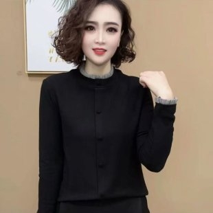 Poliészter hosszú ujjú pulóver-szerű póló kis garbóval, egyszínű mintázattal