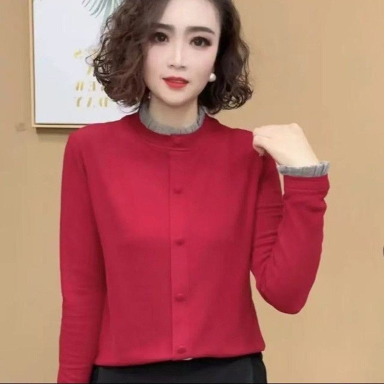 Poliészter hosszú ujjú pulóver-szerű póló kis garbóval, egyszínű mintázattal