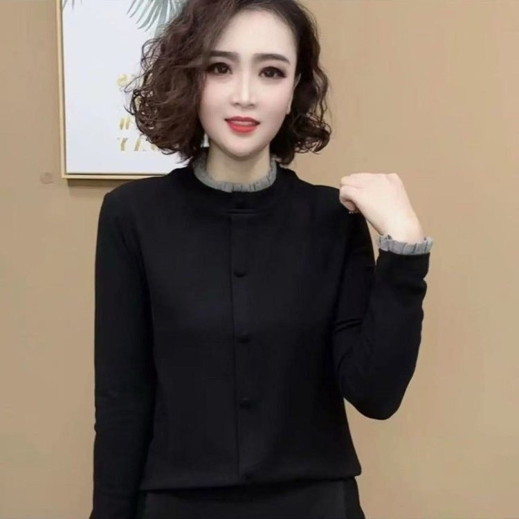 Poliészter hosszú ujjú pulóver-szerű póló kis garbóval, egyszínű mintázattal