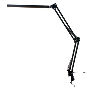 Csipeszes LED asztali lámpa szemvédővel, hosszú hajlékony kar, összecsukható, kollégiumi ágy melletti olvasáshoz és tanuláshoz — CRI 80–89; AA szintű megvilágítás; árnyékoló műanyag; kapcsoló gombos; hálózati tápegység.