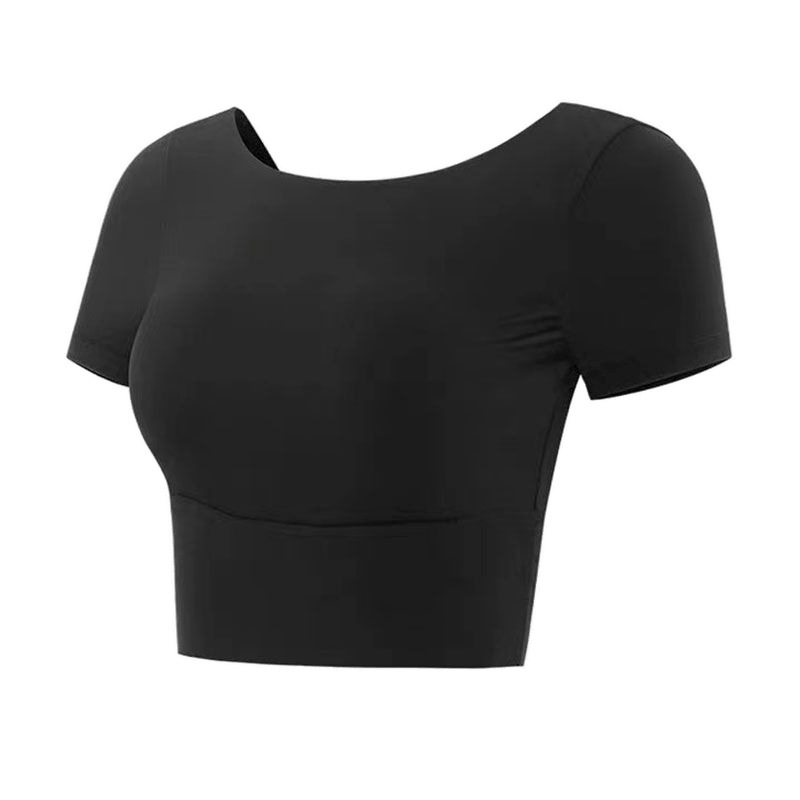 Ženski T-shirt s umetkom za dojke – A‑linija joga top, U-izrez, regular rukav, minimalistički stil, japansko-korejski casual, ljeto 2025, 70–80% glavna tkanina
