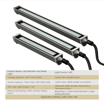 LED nastaviteľná pracovná lampa pre CNC stroje, skrutkové uchytenie, explosion-proof, napätie 12–220 V, výkon 10–30 W, vodeodolná.