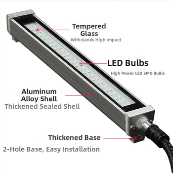 LED nastaviteľná pracovná lampa pre CNC stroje, skrutkové uchytenie, explosion-proof, napätie 12–220 V, výkon 10–30 W, vodeodolná.