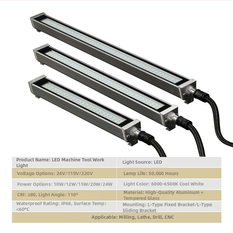 LED nastaviteľná pracovná lampa pre CNC stroje, skrutkové uchytenie, explosion-proof, napätie 12–220 V, výkon 10–30 W, vodeodolná.