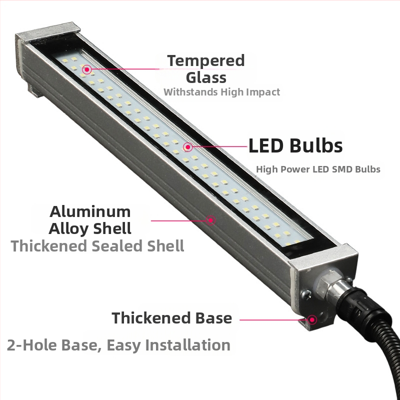 LED nastaviteľná pracovná lampa pre CNC stroje, skrutkové uchytenie, explosion-proof, napätie 12–220 V, výkon 10–30 W, vodeodolná.