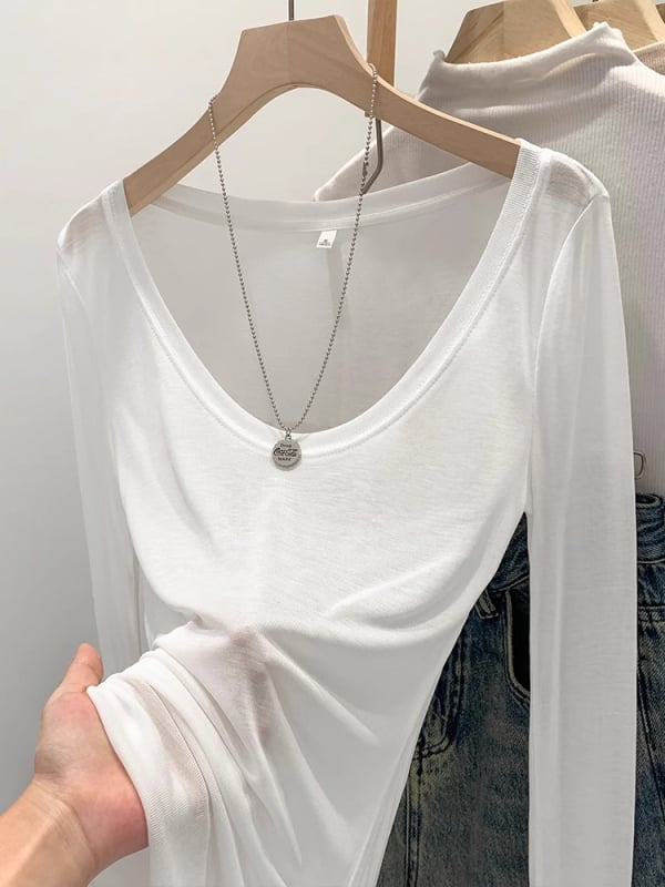 Tencel majica s dugim rukavima, jednobojna, okrugli izrez, uski kroj, srednja duljina 65–80 cm