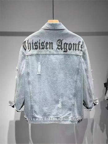 Muška traper jakna s poderanim rupama i otiscima, slobodan kroj, korejski stil, proljeće-jesen, stojeći ovratnik, dugi rukavi, patch džepovi