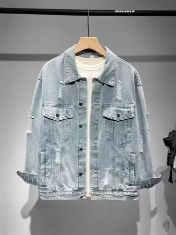 Muška traper jakna s poderanim rupama i otiscima, slobodan kroj, korejski stil, proljeće-jesen, stojeći ovratnik, dugi rukavi, patch džepovi