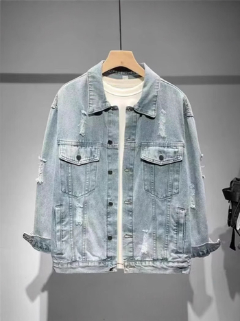 Muška traper jakna s poderanim rupama i otiscima, slobodan kroj, korejski stil, proljeće-jesen, stojeći ovratnik, dugi rukavi, patch džepovi