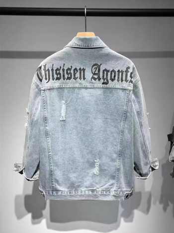 Muška traper jakna s poderanim rupama i otiscima, slobodan kroj, korejski stil, proljeće-jesen, stojeći ovratnik, dugi rukavi, patch džepovi