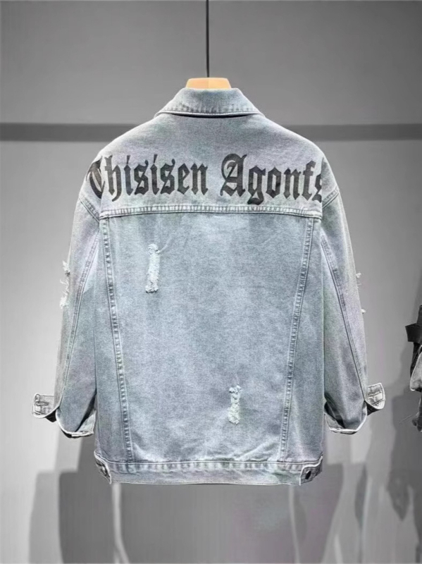 Muška traper jakna s poderanim rupama i otiscima, slobodan kroj, korejski stil, proljeće-jesen, stojeći ovratnik, dugi rukavi, patch džepovi