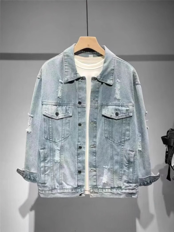 Muška traper jakna s poderanim rupama i otiscima, slobodan kroj, korejski stil, proljeće-jesen, stojeći ovratnik, dugi rukavi, patch džepovi