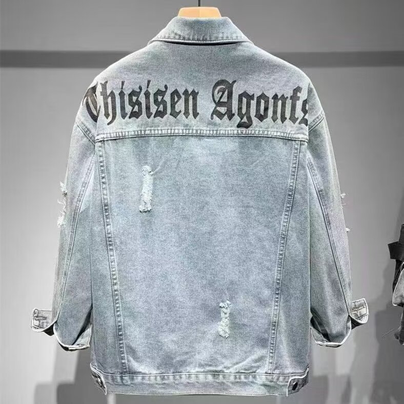 Muška traper jakna s poderanim rupama i otiscima, slobodan kroj, korejski stil, proljeće-jesen, stojeći ovratnik, dugi rukavi, patch džepovi