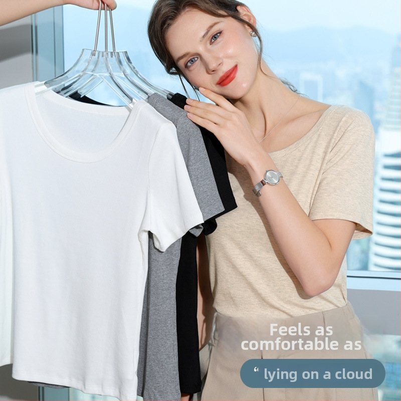 Ženski T-shirt kratkih rukava, okrugli izrez, uski kroj, duljina 50–65 cm, pamuk materijal