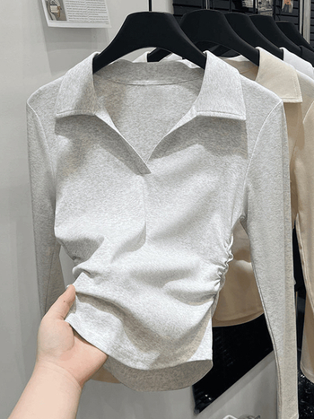 Ženska bavlna polo majica s dugim rukavima, spandeks, slim fit, kratki kroj, jesen 2025